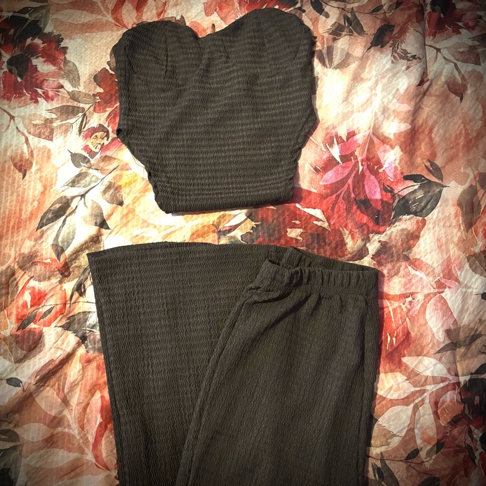 Woman’s Two Piece Brown Strapless Top and Flared Pants, Textured Rich Brown